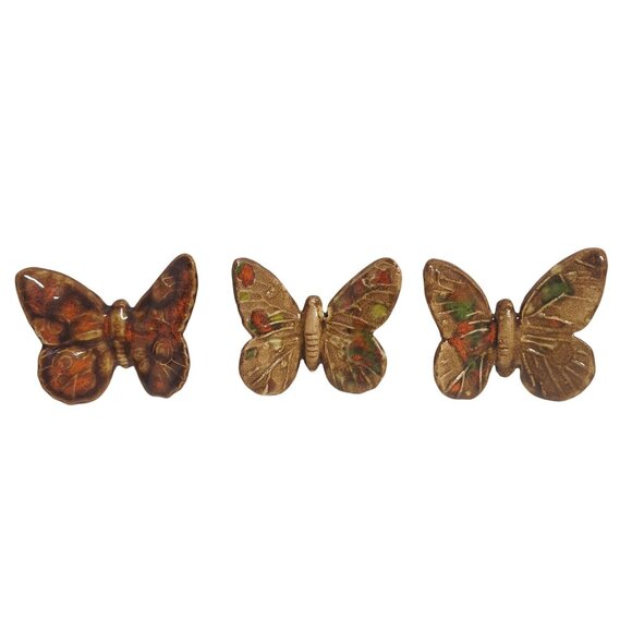 3 Vintage Brown Butterfly Ceramic Macrame Beads 70s w Orange Green Yellow Lot - Picture 1 of 8